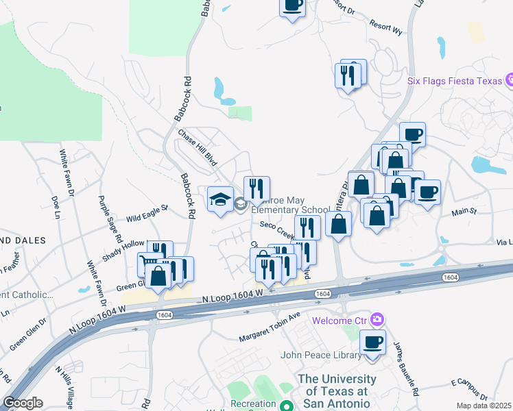 map of restaurants, bars, coffee shops, grocery stores, and more near 15726 Chase Hill Boulevard in San Antonio