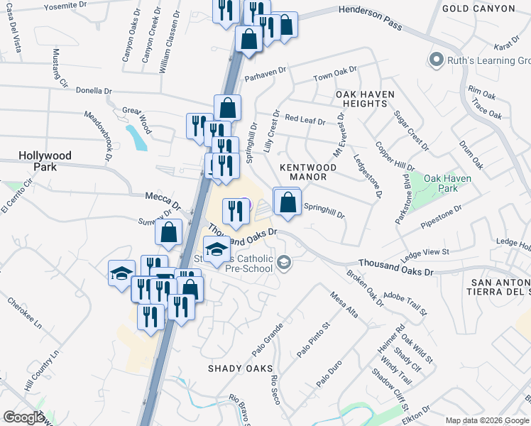 map of restaurants, bars, coffee shops, grocery stores, and more near 1575 Thousand Oaks Drive in San Antonio