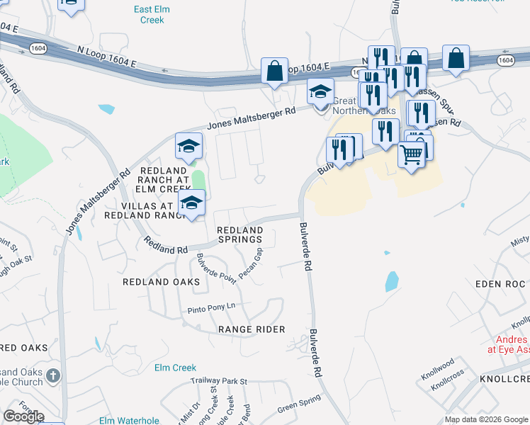 map of restaurants, bars, coffee shops, grocery stores, and more near 3615 Eagle Canyon Drive in San Antonio