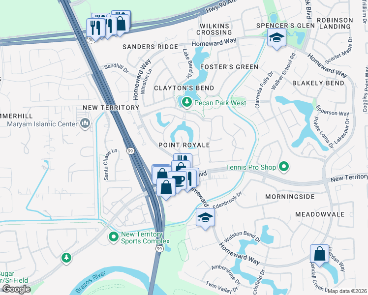 map of restaurants, bars, coffee shops, grocery stores, and more near 13 Lake Mist Court in Sugar Land