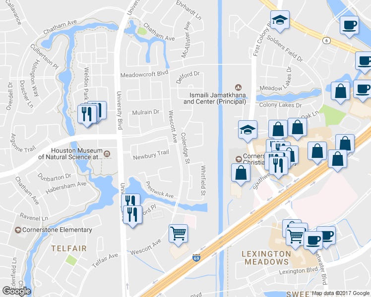 map of restaurants, bars, coffee shops, grocery stores, and more near 7601 Herndon Place in Sugar Land