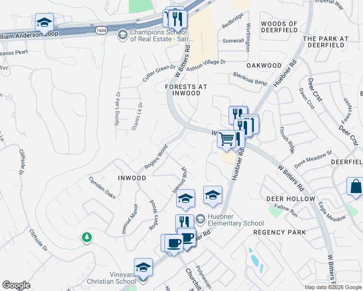 map of restaurants, bars, coffee shops, grocery stores, and more near 23 Inwood Ridge Drive in San Antonio