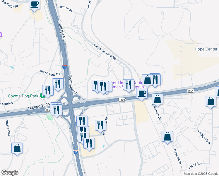 map of restaurants, bars, coffee shops, grocery stores, and more near 5423 North Loop 1604 West in San Antonio