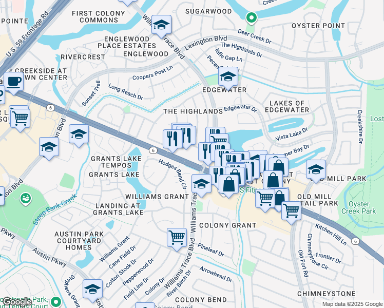 map of restaurants, bars, coffee shops, grocery stores, and more near 2738 Quarry Hill Road in Sugar Land