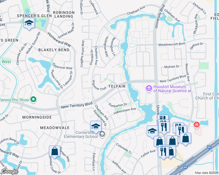 map of restaurants, bars, coffee shops, grocery stores, and more near 7034 Argonne Trail in Sugar Land