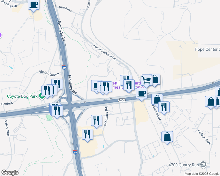 map of restaurants, bars, coffee shops, grocery stores, and more near 5423 North Loop 1604 West in San Antonio