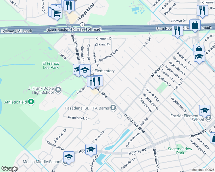 map of restaurants, bars, coffee shops, grocery stores, and more near 10334 Kirkwren Drive in Houston