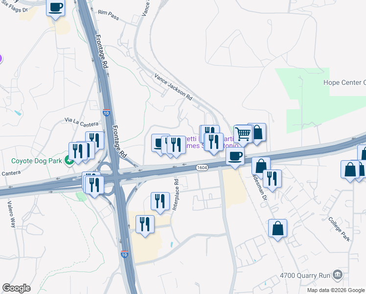 map of restaurants, bars, coffee shops, grocery stores, and more near 5423 North Loop 1604 West in San Antonio
