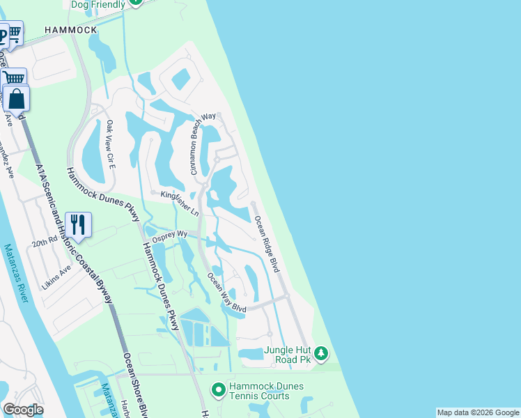 map of restaurants, bars, coffee shops, grocery stores, and more near 56 Ocean Ridge Boulevard in Palm Coast