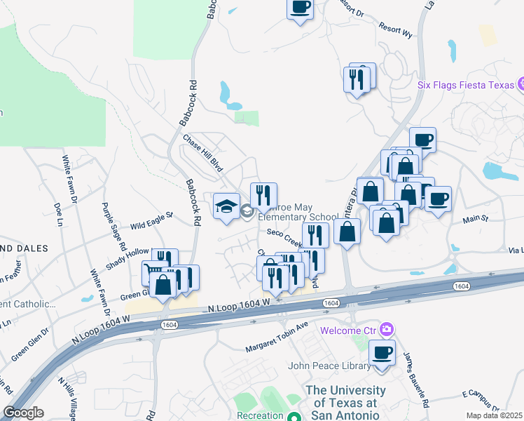 map of restaurants, bars, coffee shops, grocery stores, and more near 15726 Chase Hill Boulevard in San Antonio