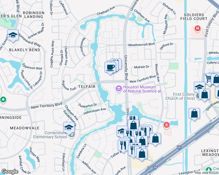 map of restaurants, bars, coffee shops, grocery stores, and more near 121 Telfair Central Boulevard in Sugar Land