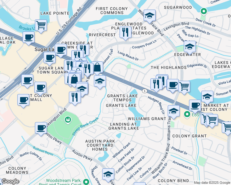 map of restaurants, bars, coffee shops, grocery stores, and more near 20 Grants Lake Circle in Sugar Land