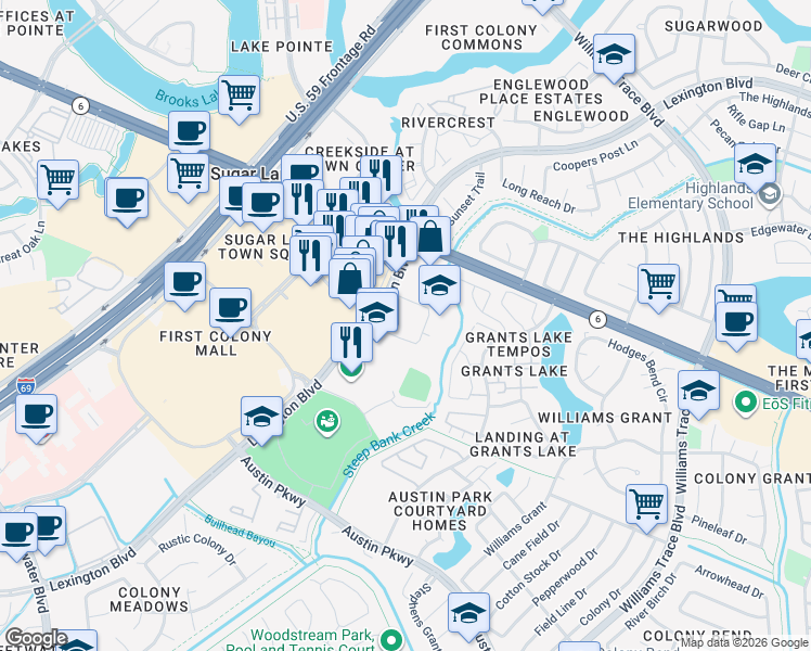 map of restaurants, bars, coffee shops, grocery stores, and more near 2600 Cordes Drive in Sugar Land