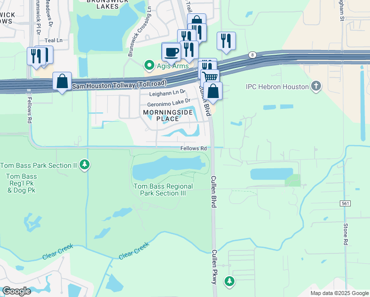 map of restaurants, bars, coffee shops, grocery stores, and more near 3452 Fellows Road in Houston