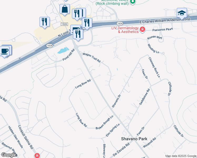 map of restaurants, bars, coffee shops, grocery stores, and more near 102 End Gate Lane in Shavano Park