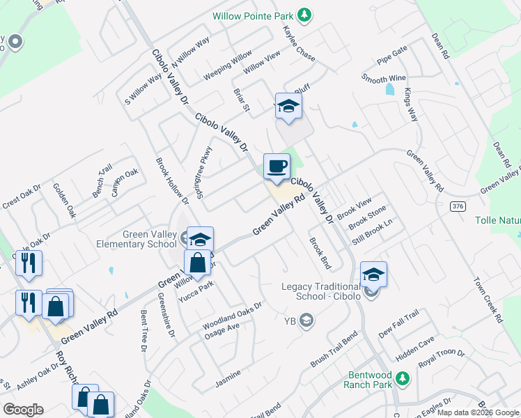 map of restaurants, bars, coffee shops, grocery stores, and more near 129 Springtree Grove in Cibolo