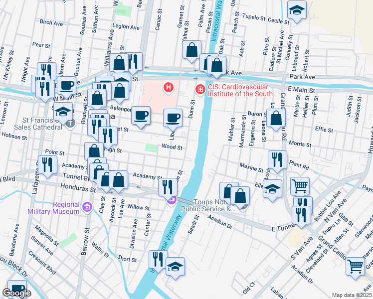 map of restaurants, bars, coffee shops, grocery stores, and more near 629 Dunn Street in Houma