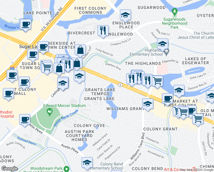 map of restaurants, bars, coffee shops, grocery stores, and more near 2510 Grants Lake Boulevard in Sugar Land