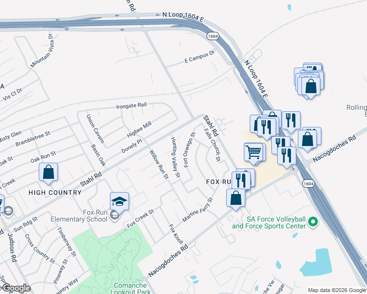 map of restaurants, bars, coffee shops, grocery stores, and more near 16710 Hunting Valley Street in San Antonio