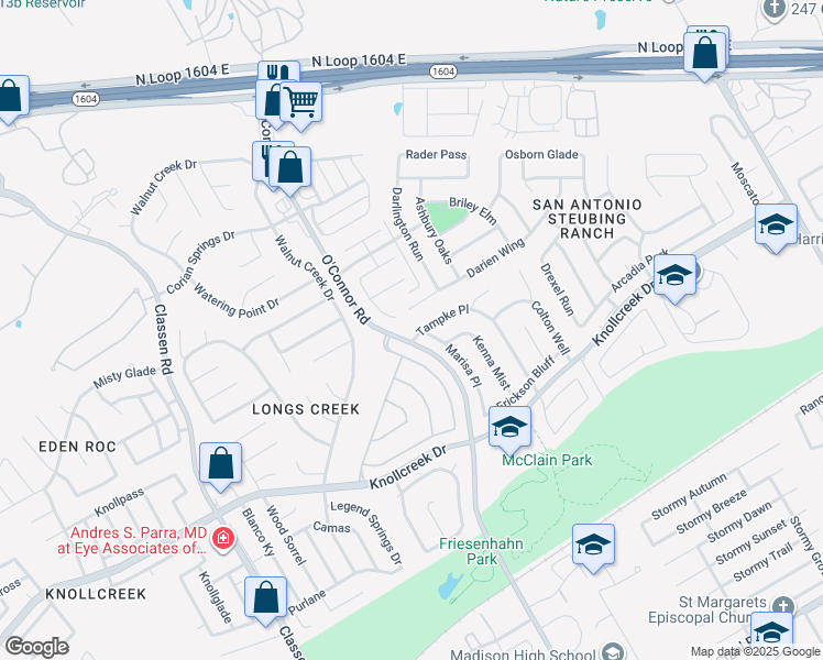 map of restaurants, bars, coffee shops, grocery stores, and more near 15958 Tampke Place in San Antonio