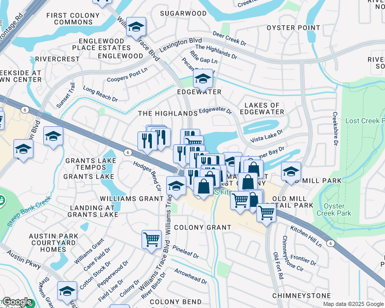 map of restaurants, bars, coffee shops, grocery stores, and more near 2309 Williams Trace Boulevard in Sugar Land