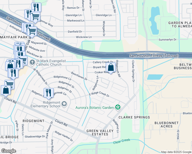 map of restaurants, bars, coffee shops, grocery stores, and more near 15806 Ridgeroe Lane in Houston