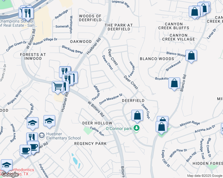 map of restaurants, bars, coffee shops, grocery stores, and more near 15615 Robin Ridge Road in San Antonio