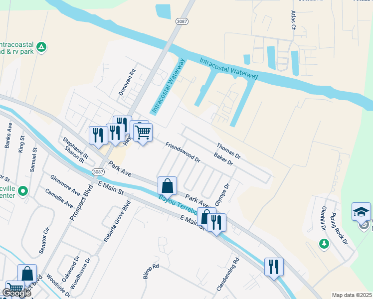 map of restaurants, bars, coffee shops, grocery stores, and more near 3607 Friendswood Drive in Houma