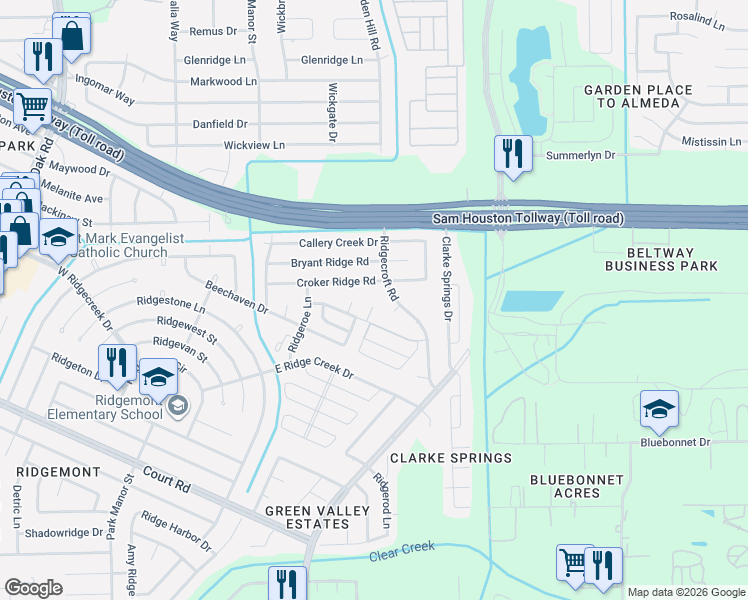 map of restaurants, bars, coffee shops, grocery stores, and more near 15802 Ridgebar Circle in Houston