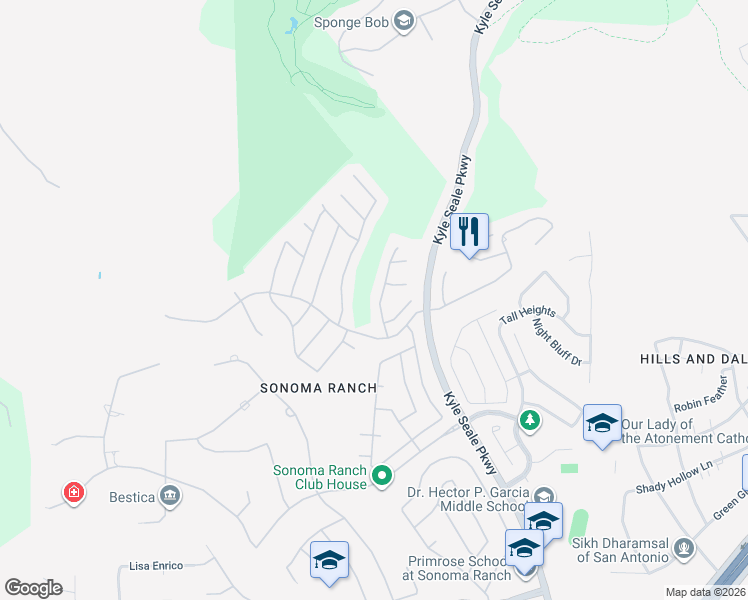 map of restaurants, bars, coffee shops, grocery stores, and more near 15915 Socorro Falls in Helotes