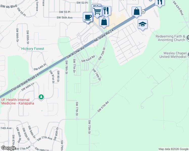 map of restaurants, bars, coffee shops, grocery stores, and more near 7438 Southwest 65th Place in Gainesville