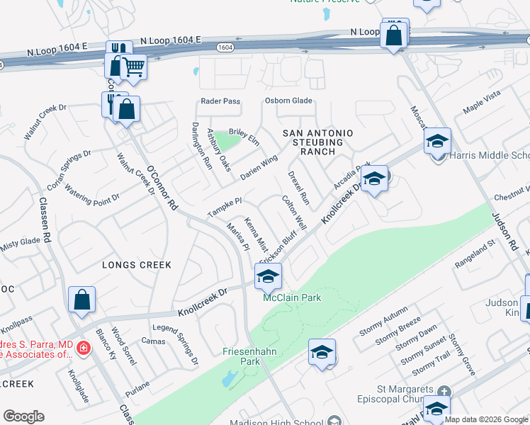map of restaurants, bars, coffee shops, grocery stores, and more near 15851 Tampke Pl in San Antonio