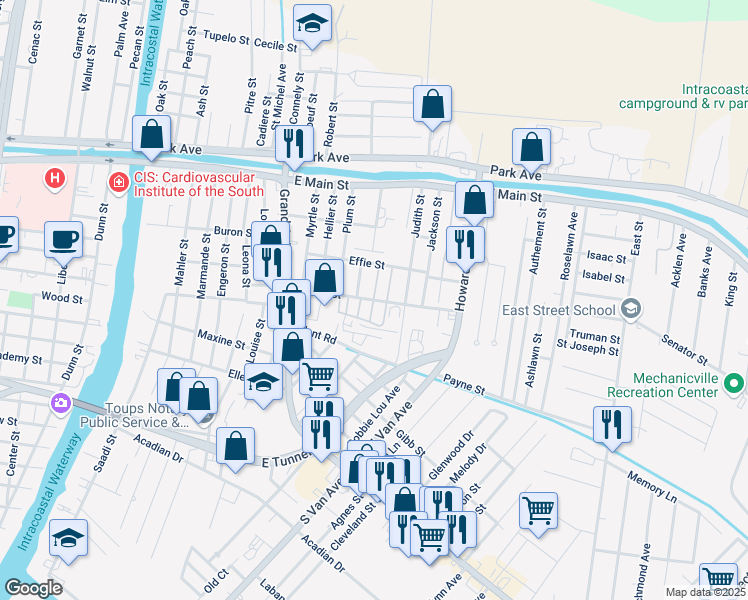 map of restaurants, bars, coffee shops, grocery stores, and more near 2055 Morris St in Houma