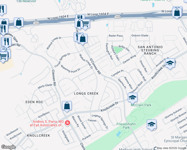 map of restaurants, bars, coffee shops, grocery stores, and more near 15914 Walnut Creek Drive in San Antonio