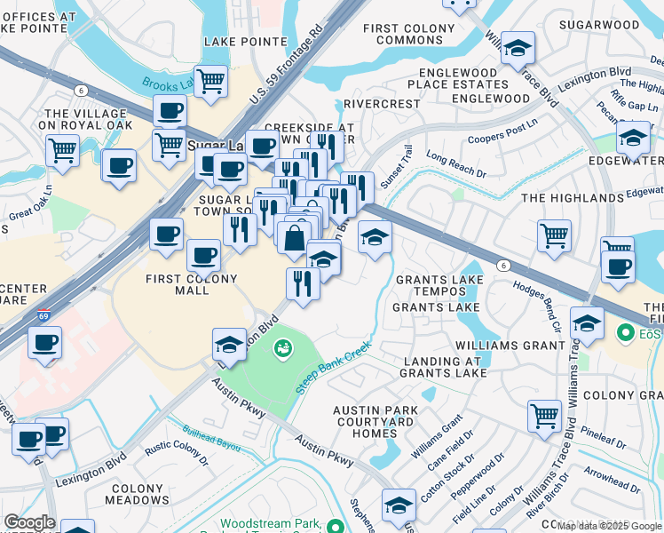 map of restaurants, bars, coffee shops, grocery stores, and more near 16053 Lexington Boulevard in Sugar Land