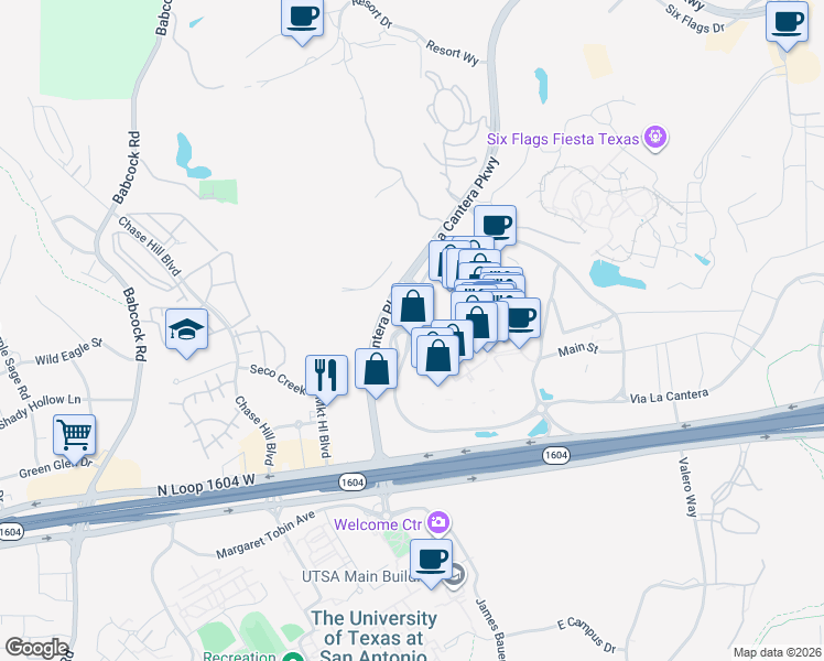 map of restaurants, bars, coffee shops, grocery stores, and more near 16000-16196 La Cantera Parkway in San Antonio