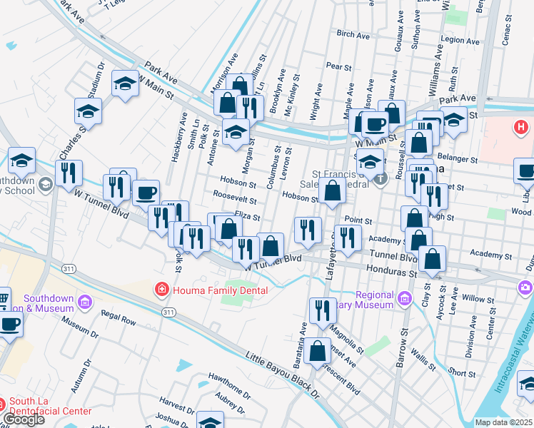 map of restaurants, bars, coffee shops, grocery stores, and more near 423 Columbus Street in Houma