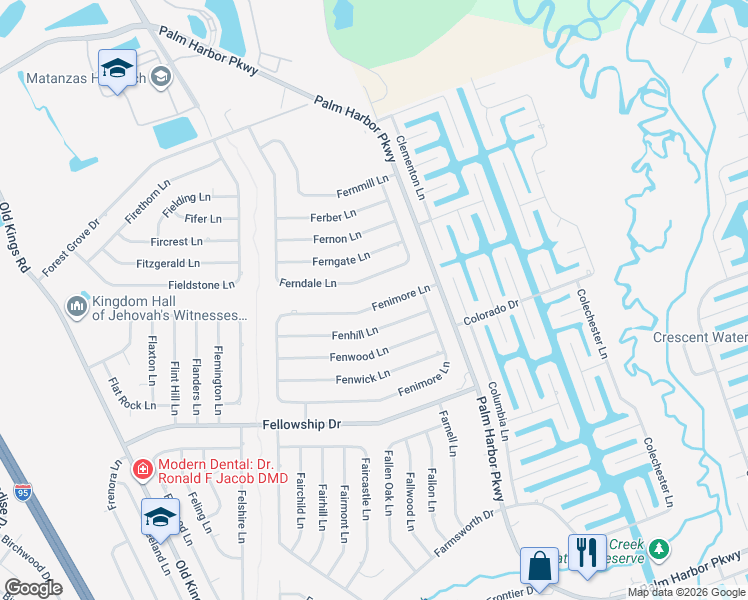 map of restaurants, bars, coffee shops, grocery stores, and more near 20 Fenimore Lane in Palm Coast