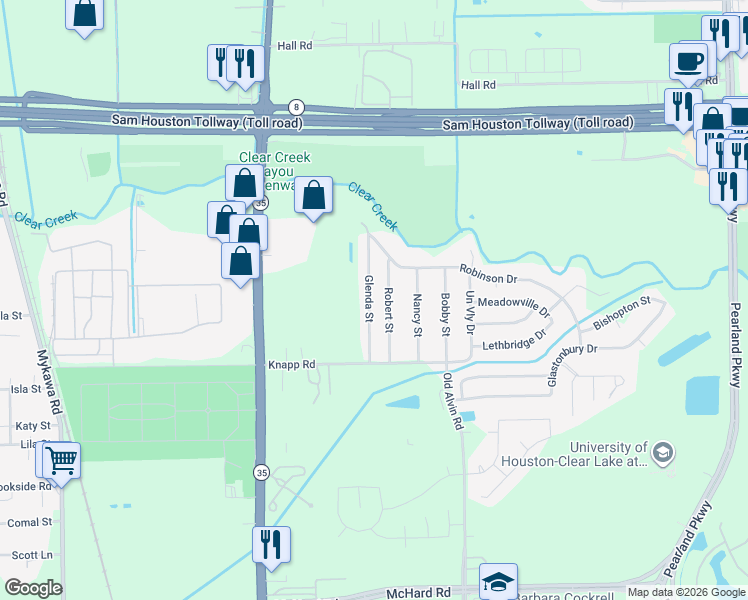 map of restaurants, bars, coffee shops, grocery stores, and more near 1133 Glenda Street in Pearland