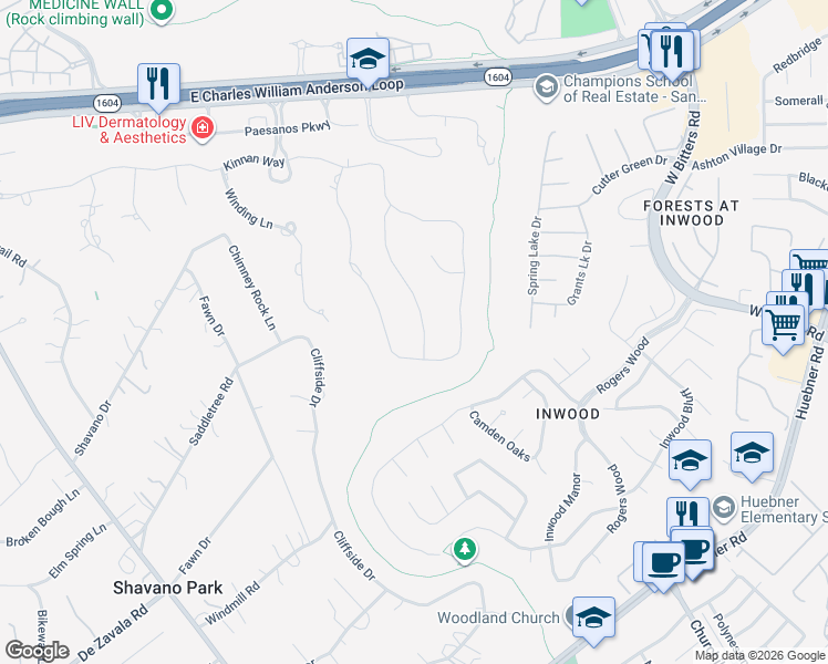 map of restaurants, bars, coffee shops, grocery stores, and more near 123 Wellesley Loop in San Antonio
