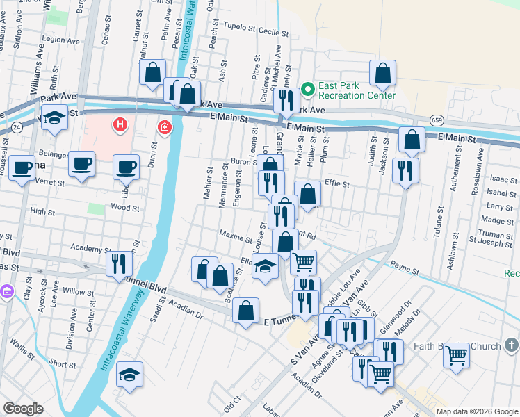 map of restaurants, bars, coffee shops, grocery stores, and more near 1607 Sylvia Street in Houma