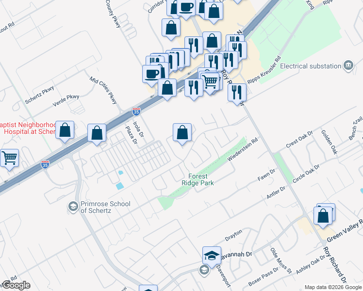 map of restaurants, bars, coffee shops, grocery stores, and more near 4720 Windy Ridge Trail in Schertz