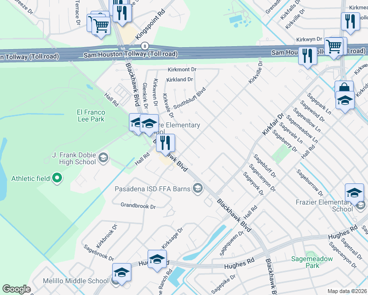 map of restaurants, bars, coffee shops, grocery stores, and more near 10334 Kirkwren Drive in Houston