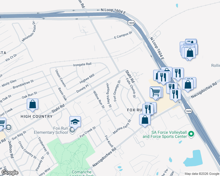map of restaurants, bars, coffee shops, grocery stores, and more near 16710 Hunting Valley Street in San Antonio