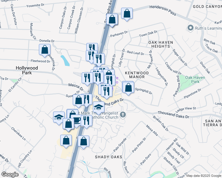 map of restaurants, bars, coffee shops, grocery stores, and more near 16634 San Pedro Avenue in San Antonio