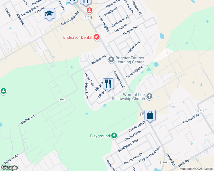 map of restaurants, bars, coffee shops, grocery stores, and more near 148 Hinge Chase in Cibolo