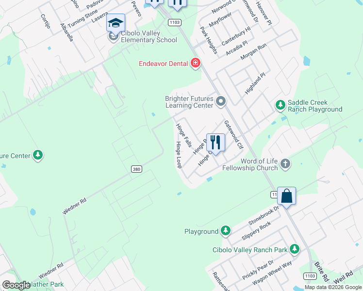 map of restaurants, bars, coffee shops, grocery stores, and more near 512 Hinge Loop in Cibolo