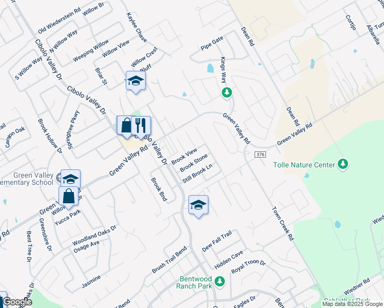 map of restaurants, bars, coffee shops, grocery stores, and more near 143 Brook View in Cibolo