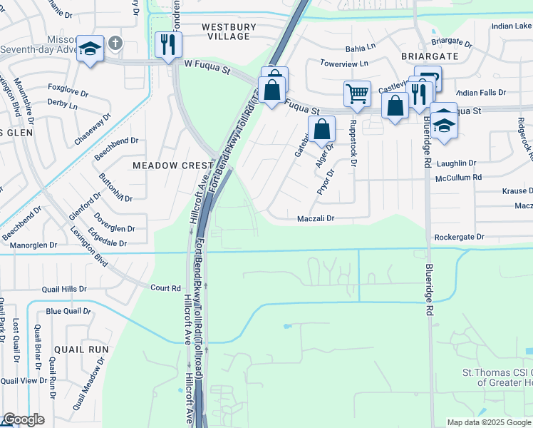 map of restaurants, bars, coffee shops, grocery stores, and more near 15939 Gatebriar Drive in Missouri City