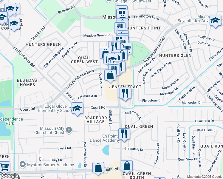 map of restaurants, bars, coffee shops, grocery stores, and more near 2303 Texas Parkway in Missouri City